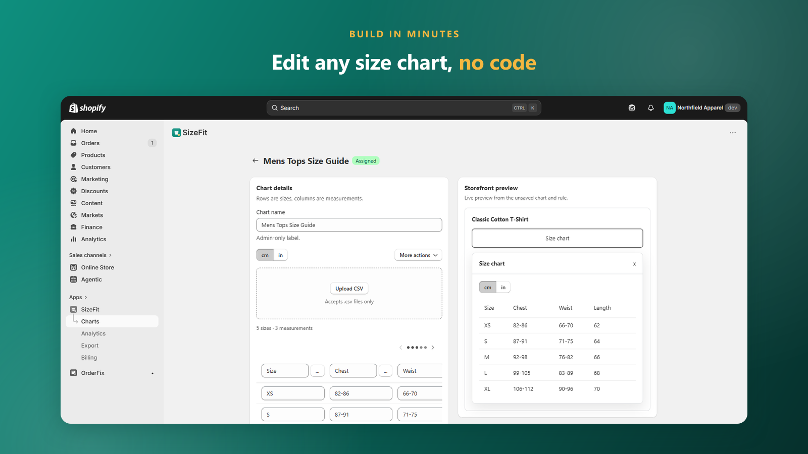 The SizeFit chart editor with measurement rows and columns