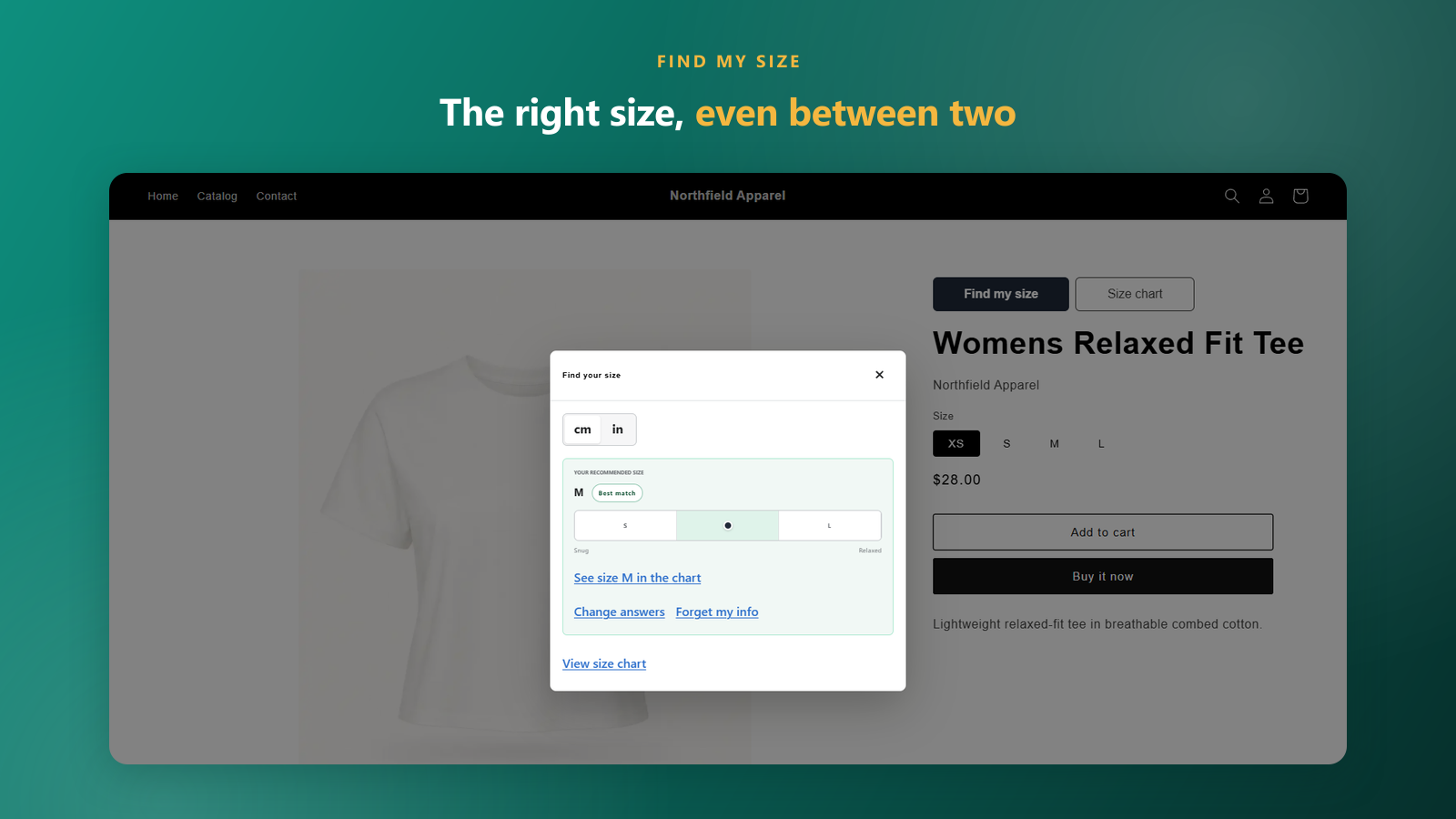 The storefront Fit Finder recommending a size to a shopper