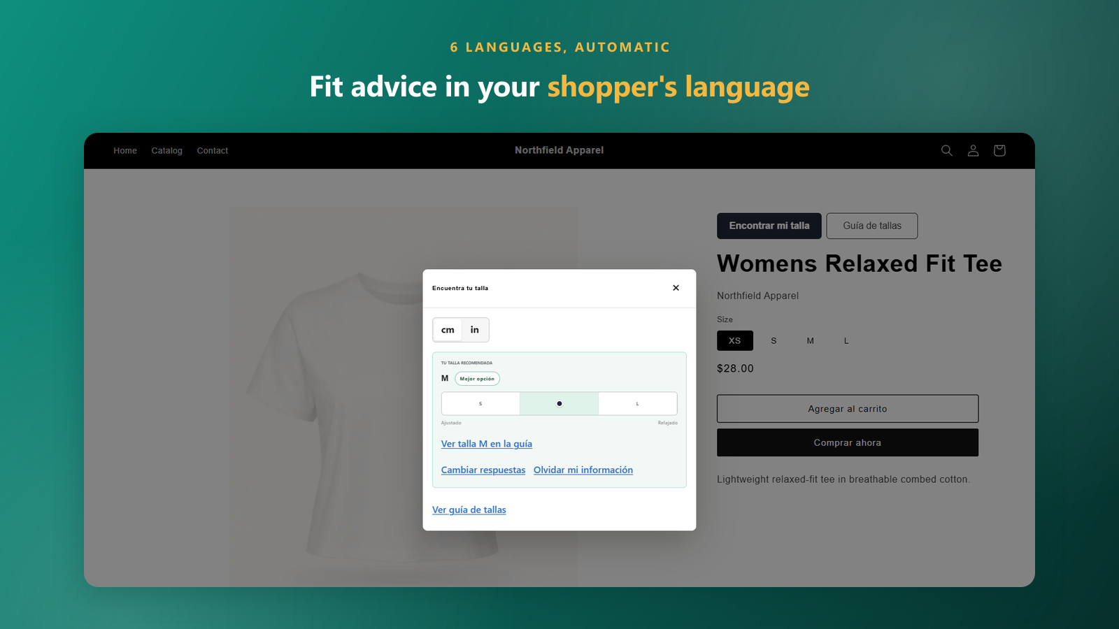 The Fit Finder showing fit advice in a shopper's own language
